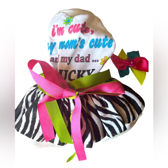 High End Designer “I’m Cute” Designer Dog Dress with Matching Hair Bow